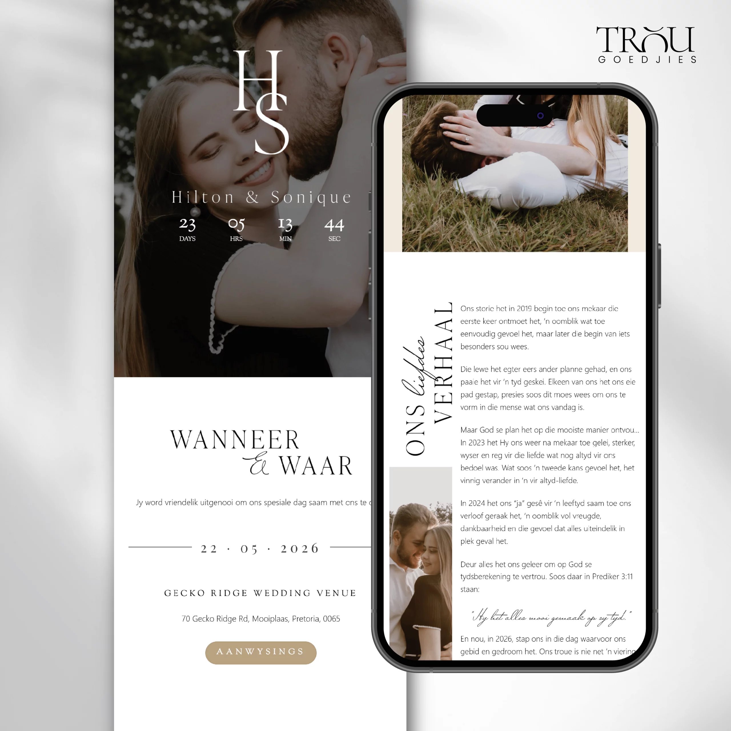 A professional design TrouGoedjies showcasing a minimalist digital wedding invitation. The layout includes a romantic hero image of the couple with a live countdown clock, a "When & Where" section detailing the Pretoria venue, and a personal love story section written in Afrikaans.
