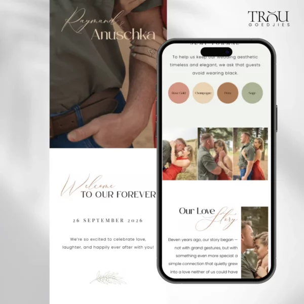 A modern digital invitation interface showing the guest information page for a wedding. The design features an English welcome message, a curated color palette guide (Rose Gold, Champagne, Peru, Sage) instructing guests to avoid black attire, and a dedicated multi-photo grid layout for the couple's love story.