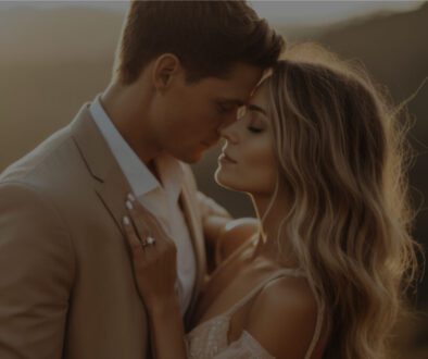 Close-up of a newlywed couple sharing an intimate moment at sunset, with their foreheads gently touching and the bride's hand resting on the groom's lapel, showcasing her engagement ring.