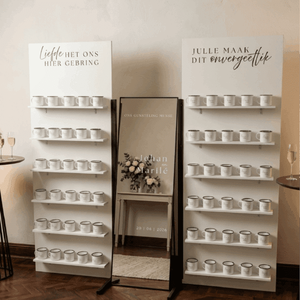 Elevate your wedding entrance with our sleek, freestanding white display boards. Perfect for welcome drinks or guest favors, creating an unforgettable first impression.