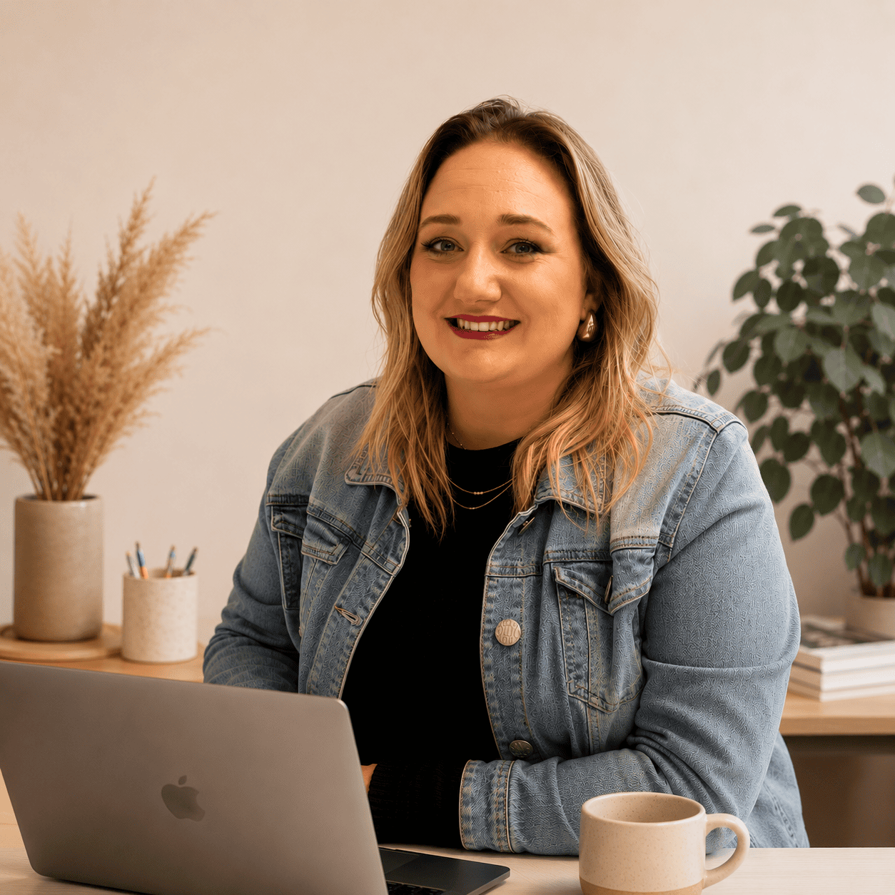 Neleen Kruger, Marketing Executive, working on a laptop in a modern studio office.
